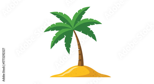 A vibrant cartoon illustration of a solitary palm tree growing on a small, isolated sandy island, evoking feelings of tropical paradise and summer vacations.