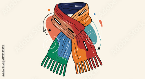 Vibrant and cozy knitted winter scarf illustration with a playful knot, featuring multiple colorful sections and fringed ends on an abstract art background.