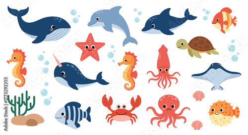 A delightful collection of cute cartoon marine animals, including whales, dolphins, seahorses, octopuses, and more, swimming happily in the vibrant underwater world.