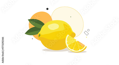 A vibrant illustration featuring a whole lemon and a cheerful slice, accompanied by green leaves and abstract shapes, conveying freshness and healthy eating.