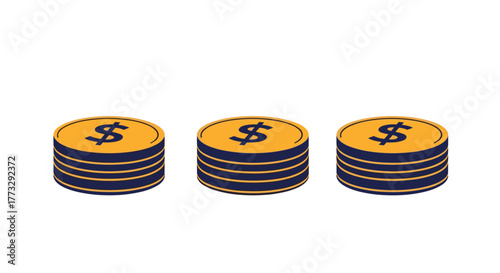 Three golden coin stacks featuring dollar signs symbolize financial stability, wealth accumulation, and investment growth, set against a pristine white background.