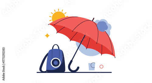 A vibrant red umbrella stands open, ready to offer shade from the sun, next to a blue backpack, symbolizing travel, protection, and outdoor leisure.