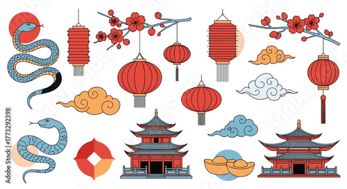 Various traditional Chinese cultural elements and New Year symbols, including ornate red lanterns, cherry blossom branches, blue serpents, temple pagodas, stylized clouds, and gold ingots.