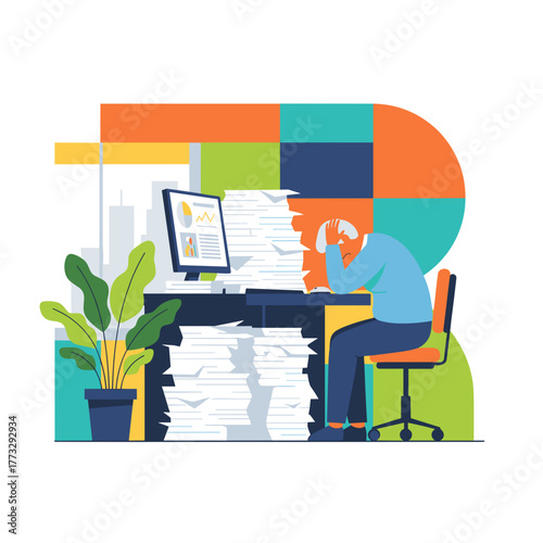 Overwhelmed worker suffering burnout buried under massive paperwork and excessive office tasks