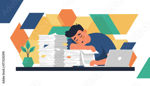 Overworked employee asleep at desk on tall paper stack Business stress and fatigue illustration