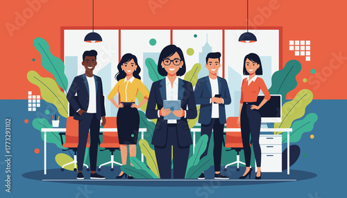 Professional diverse business team standing confidently in a modern successful office environment