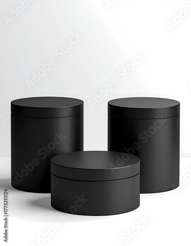Three black, cylindrical platforms on a white background