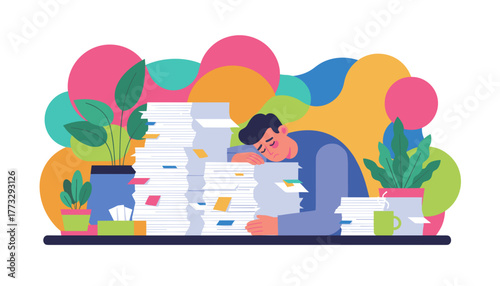 Stressed worker collapsed on huge piles of paper Work burnout fatigue and overwhelming deadlines