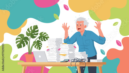 Frustrated man facing massive bureaucracy and excessive work stress illustration