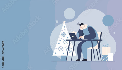 Tired worker labors on laptop during Christmas season Seasonal fatigue and work stress