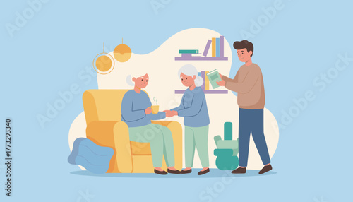 Intergenerational family caring for elderly woman at home Love support and relationship concept