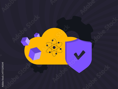 Quantum cloud security change encrypted data storage with post-quantum algorithms. Shielded infrastructure and verified integrity for unbreakable enterprise privacy cloud protection illustration