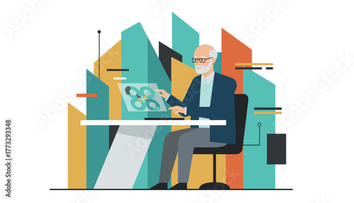 Senior expert uses advanced technology to analyze complex data visualization for business strategy