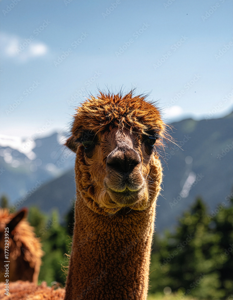 Obraz premium Curious Alpaca with Mountain Backdrop