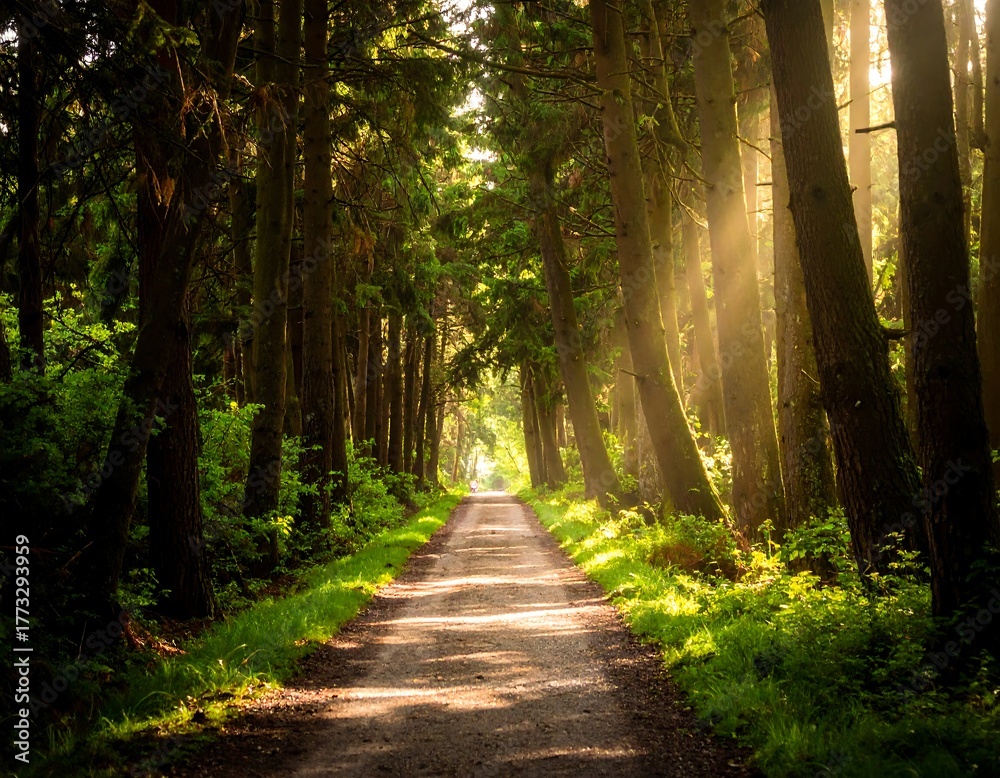 Fototapeta premium Sunlight streams through tall trees along a path