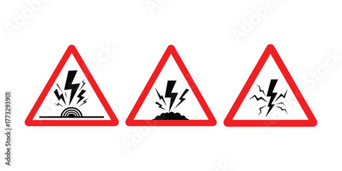 Three red triangular warning signs indicating electrical hazard and explosion danger