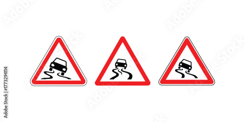 Three triangular road signs warning of slippery road conditions with cars skidding