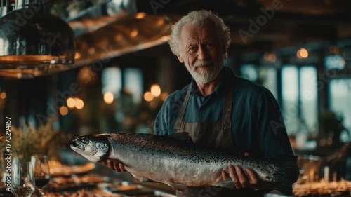 Elderly man in rustic kitchen holding fresh salmon with natural lighting, showcasing culinary passion and farm-to-table lifestyle in cozy ambiance