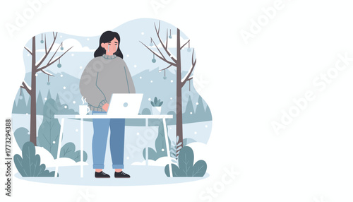 Crying woman suffering from seasonal depression while working remotely outdoors in a cold snowy landscape