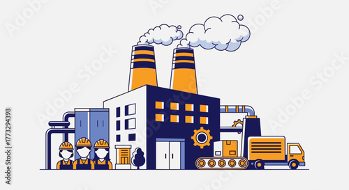 Industrial manufacturing plant illustration with workers production and logistics on white background