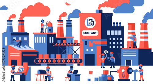 Modern industrial factory illustration with workers machinery and production lines