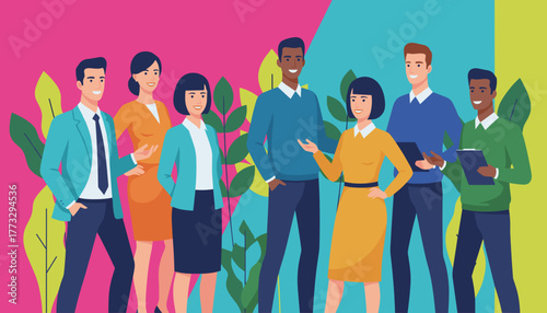 Diverse professional team smiling collaborating and communicating against a bright colorful background