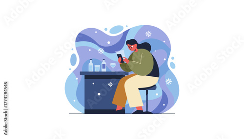 Angry woman sitting alone at a bar counter using a mobile phone in a snowy winter setting