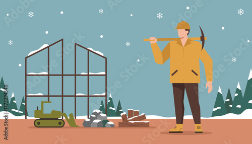 Worker with pickaxe on a winter construction site with building frame logs and small excavator