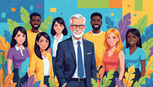 Diverse business team with senior leader smiling in a vibrant colorful professional illustration