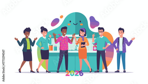Diverse team collaborating happily for 2026 success supported by a friendly mascot