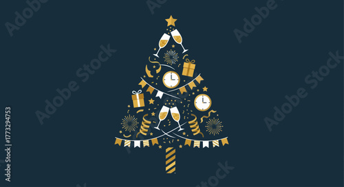 A festive Christmas tree adorned with sparkling champagne flutes, gift boxes, clocks, and celebratory banners against a dark blue background.