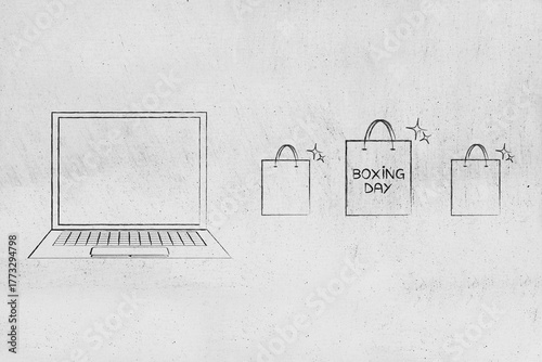 boxing day sale shopping bags on laptop illustration