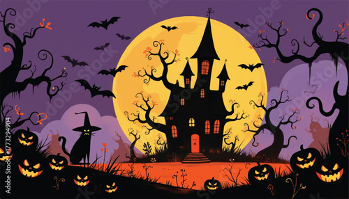 Haunted Castle with Witch Cat and Pumpkins under Full Moon