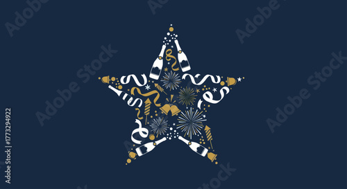 A festive star-shaped illustration filled with celebratory icons like champagne bottles, fireworks, and streamers on a dark blue background.