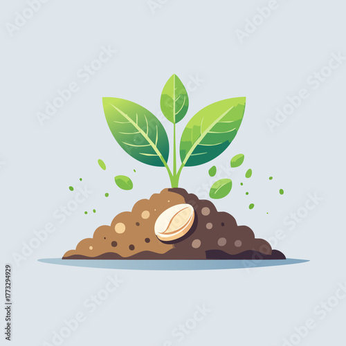 A coffee bean sprouts into a plant in fertile soil.