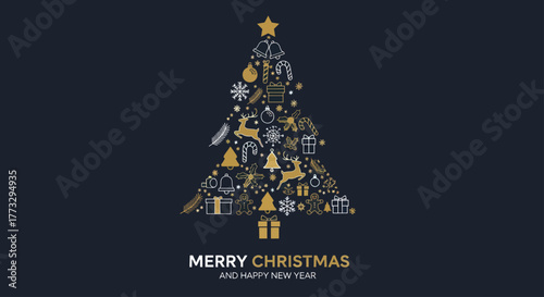 Festive Christmas tree composed of various holiday icons, with a greeting below.