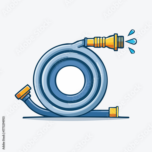 A coiled blue garden hose with a nozzle spraying water drops.
