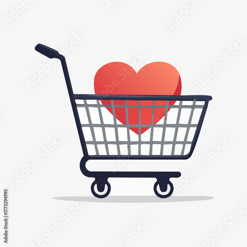 A large red heart symbol inside a shopping cart.