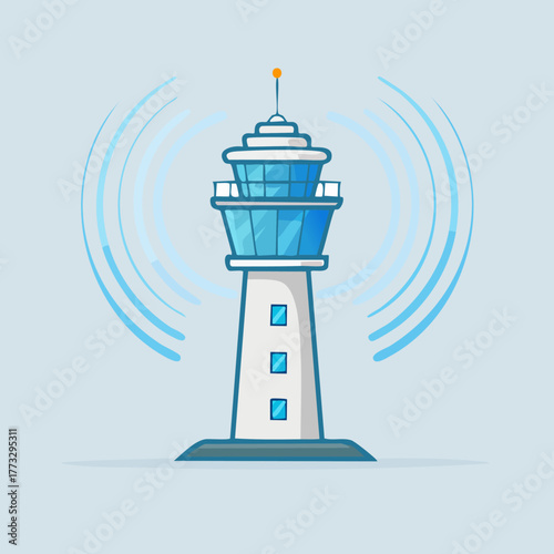 Airport Control Tower Emitting Radio Waves Illustration.