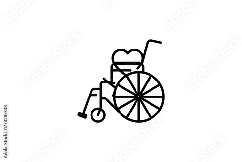 Disability insurance icon featuring a wheelchair and heart symbol. Ideal for health coverage visuals, social care, mobility aid services, and insurance-related content. black object isolated on white 