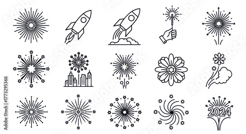 Collection of various fireworks, rockets, and celebratory elements in a linear style.
