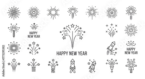 A collection of line art icons representing fireworks, rockets, and celebratory elements for New Year's Eve.