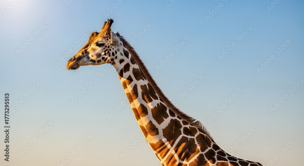 Obraz premium Magnificent giraffe's long neck and patterned coat stand out against a radiant blue sky, a captivating portrait of African wildlife