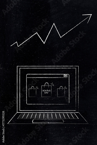 boxing day sale laptop illustration with upward arrow