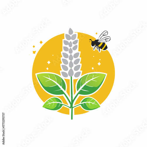 Bee collecting nectar from a flowering plant with a yellow sun background.