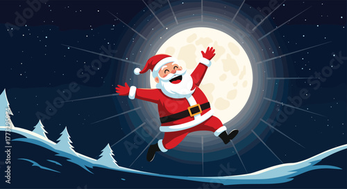 Happy Santa Claus joyfully jumping and celebrating Christmas eve under a bright full moon and starry night sky, with snowy hills and pine trees in the foreground.