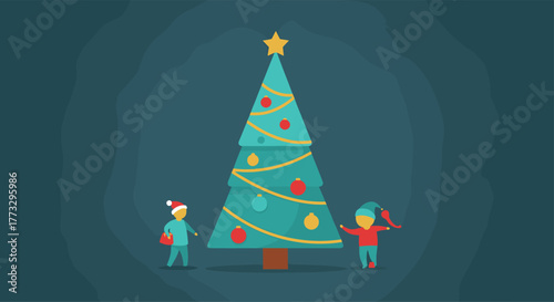 Two cheerful figures in festive hats, one holding a gift and the other an elf, gather around a beautifully decorated Christmas tree topped with a star, embodying the spirit of the holiday season.