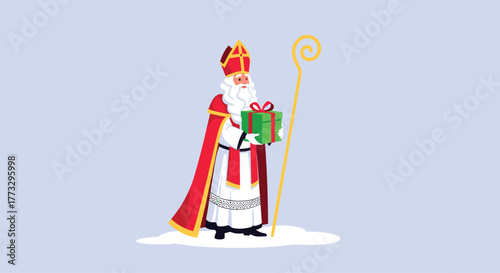 Sinterklaas, a beloved European figure similar to Santa Claus, stands holding a wrapped gift and his golden crozier, ready to deliver presents.