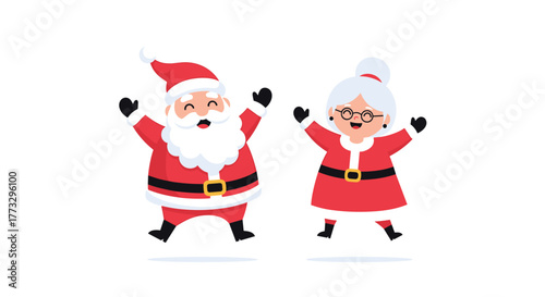 A cheerful cartoon illustration featuring Santa Claus and Mrs. Claus happily jumping in their festive red outfits, perfect for holiday greetings and Christmas designs.