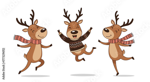 Three joyful cartoon reindeer celebrate and dance with happy expressions, one in a cozy sweater and two in striped scarves, ideal for festive holiday designs and winter themes.